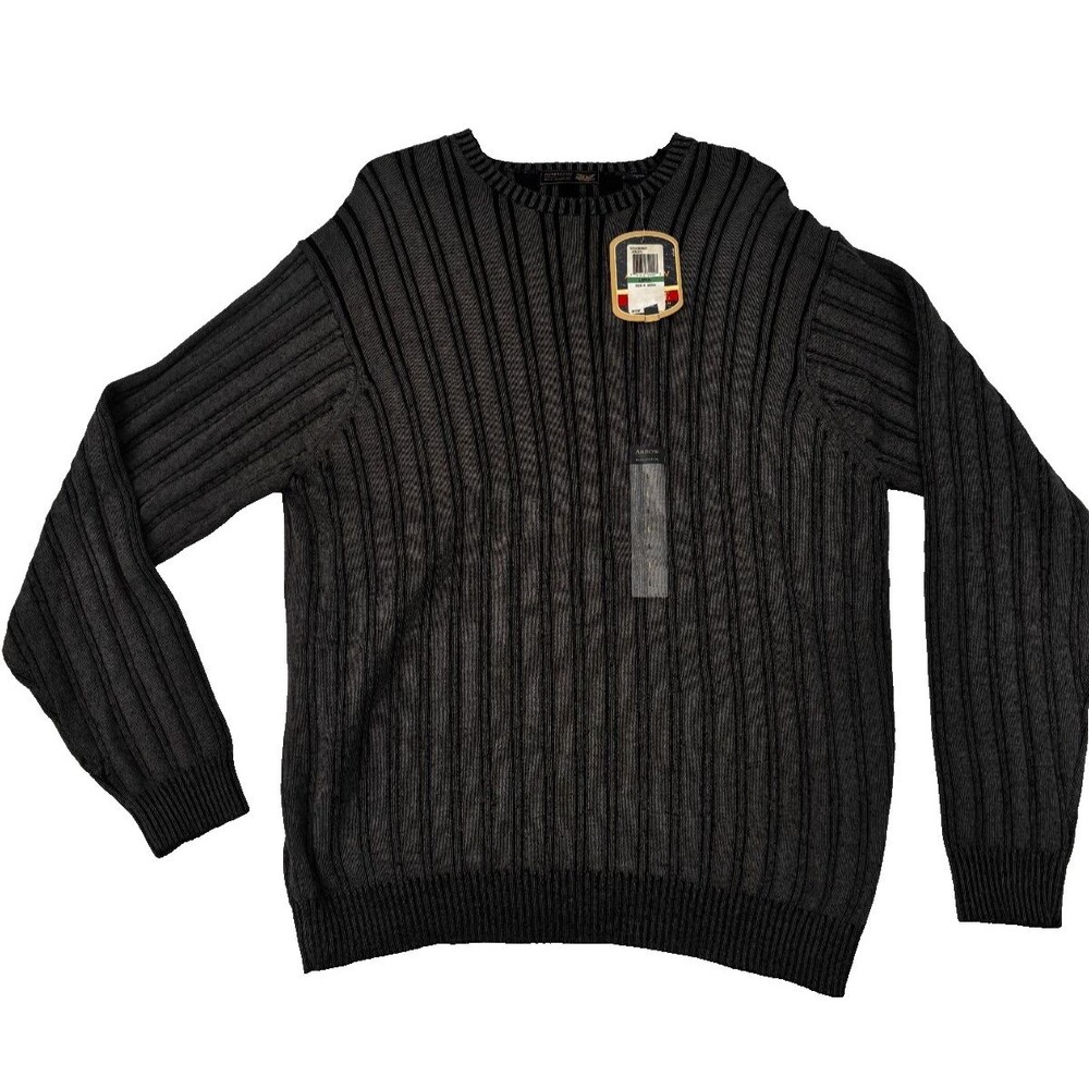 Worthington Women’s Large Sweater Black Gray Striped Ribbed Long Sleeve Pullover